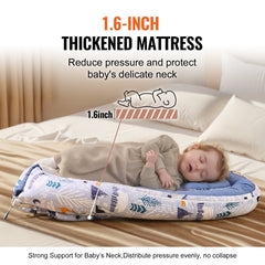 Cotton baby lounger with headrest, thick mattress, and detachable covers for newborns.