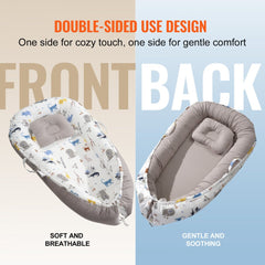 Double-sided baby lounger with animal print on one side and solid gray on the other, featuring headrest and ties.