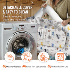 Woman removing detachable cotton cover from baby lounger with elephant print, next to washing machine.