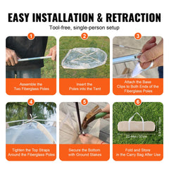 Six-step diagram showing tool-free assembly of a 50x50 inch clear bubble tent with fiberglass poles and stakes.