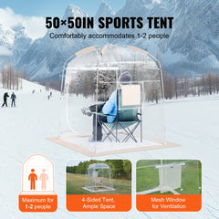 A 50x50 inch waterproof clear bubble sports tent for 1 person, shown set up in snowy mountains with a chair inside.