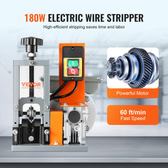 Bostome 180W automatic wire stripping machine with adjustable blades for 0.06-0.98in wires and 60ft/min speed.