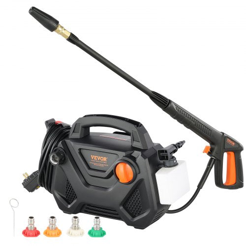Black and orange Bostome electric pressure washer with hose, foam cannon, and five nozzles.