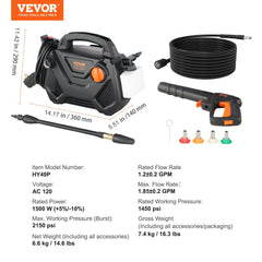 Black electric pressure washer with orange accents, 20ft hose, gun, nozzles, and foam cannon.
