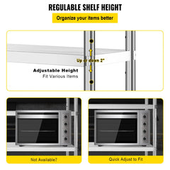 4-tier stainless steel shelving unit with adjustable shelves and heavy-duty construction.