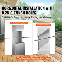 Diagram showing horizontal installation of T316 stainless steel protector sleeves on 1/8-inch wire rope for wood and stainless steel posts with 0.25-0.27 inch holes.