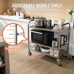 Three-tier steel kitchen utility cart with adjustable shelves and rolling casters for easy mobility.