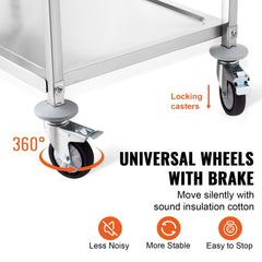 Three-tier steel kitchen utility cart with adjustable shelves and four silent casters.
