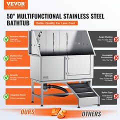 Stainless steel dog grooming tub with ramp, faucet, and adjustable height for easy pet bathing.