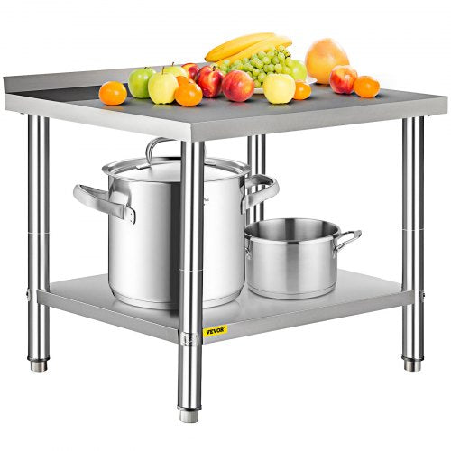 Stainless steel prep table with adjustable undershelf and 2-inch backsplash for commercial kitchens.