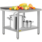 Stainless steel prep table with adjustable undershelf and 2-inch backsplash for commercial kitchens.