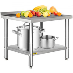 Stainless steel prep table with adjustable undershelf and 2-inch backsplash for commercial kitchens.