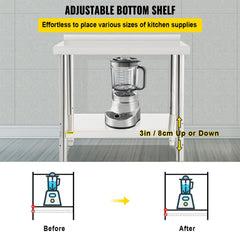 Stainless steel prep table with adjustable undershelf and 2-inch backsplash for commercial kitchens.