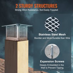 Bostome 12x12" stainless steel chimney cap with mesh and pre-drilled holes for easy installation.
