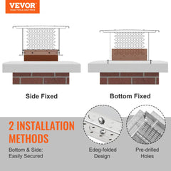 Diagram showing side fixed and bottom fixed installation methods for stainless steel chimney cap