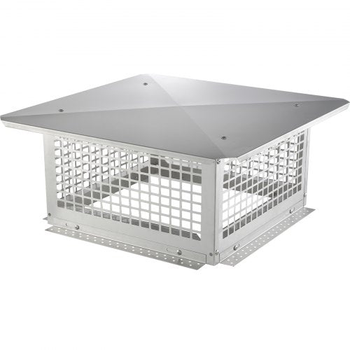 17x17 inch stainless steel chimney cap with removable top cover and pre-drilled holes for installation.