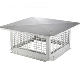 17x17 inch stainless steel chimney cap with removable top cover and pre-drilled holes for installation.