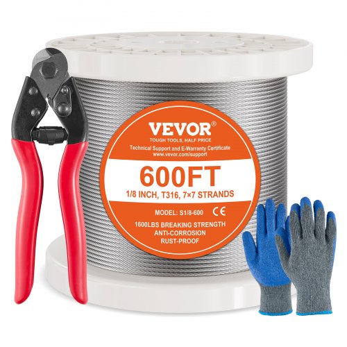 600 ft spool of 1/8-inch T316 stainless steel 7x7 wire rope with cutter and gloves.