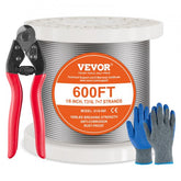 600 ft spool of 1/8-inch T316 stainless steel 7x7 wire rope with cutter and gloves.