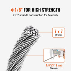 1/8-inch T316 stainless steel 7x7 wire rope cable, 600 ft spool, showing strands and diameter.