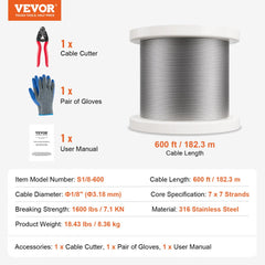 600 ft spool of 1/8-inch T316 stainless steel 7x7 wire rope cable with cutter, gloves, and manual.