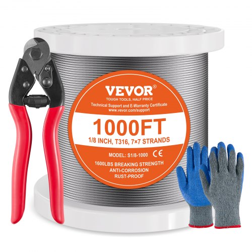 1000 ft spool of 1/8-inch T316 stainless steel 7x7 wire rope with cutter and gloves.