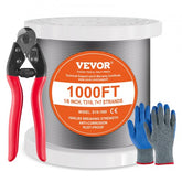 1000 ft spool of 1/8-inch T316 stainless steel 7x7 wire rope with cutter and gloves.