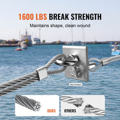 T316 stainless steel 1/8" 7x7 wire rope cable with 1600 lbs break strength, shown coiled and in use.