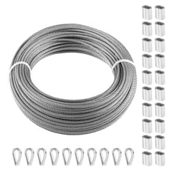 Bostome T316 stainless steel wire rope, 1/8" 7x7, 100 ft length with polished surface.