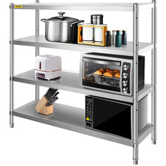 4-tier stainless steel shelving unit with adjustable heights and a brushed surface for easy cleaning.