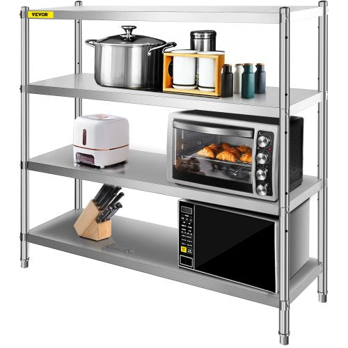 Four-tier stainless steel storage shelf with adjustable heights and heavy-duty construction.