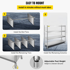 4-tier stainless steel storage shelf with adjustable heights and heavy-duty construction.