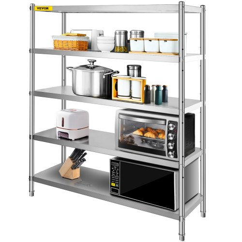 A five-tier stainless steel storage shelf holds various kitchen appliances and items.