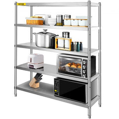 A five-tier stainless steel storage shelf holds various kitchen appliances and items.