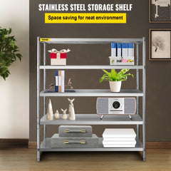 A five-tier stainless steel storage shelf holds various household items in a room.