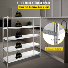 A 5-tier stainless steel storage shelf holds five 330lb weights in a kitchen setting.