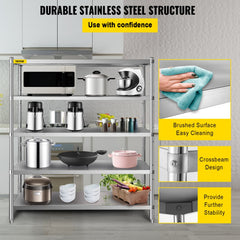A 5-tier stainless steel storage shelf in a kitchen, holding various appliances and food.