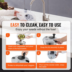 Stainless steel salad spinner with one-handed press, 4.75Qt capacity, and non-slip base.