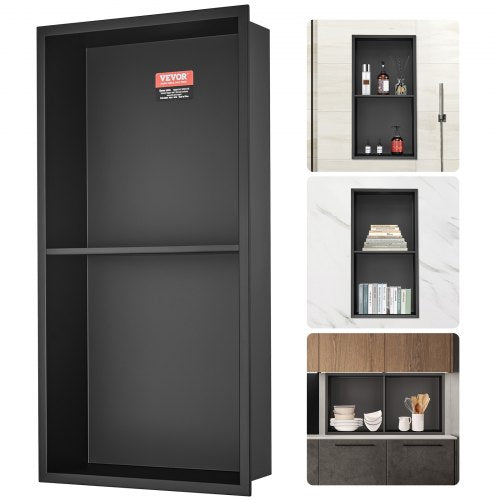 A black stainless steel double-shelf shower niche is shown with examples of it installed.