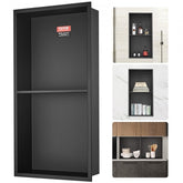 A black stainless steel double-shelf shower niche is shown with examples of it installed.