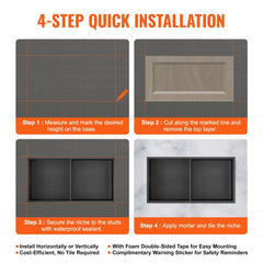 Infographic showing 4-step quick installation of a stainless steel shower niche with double shelves.