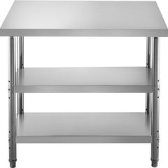 Bostome 48" stainless steel prep table with two adjustable shelves and reinforced support rods.