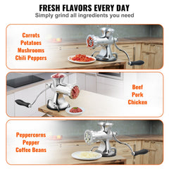 Manual meat grinder with stainless steel construction, suction cup, and clamp for stability.