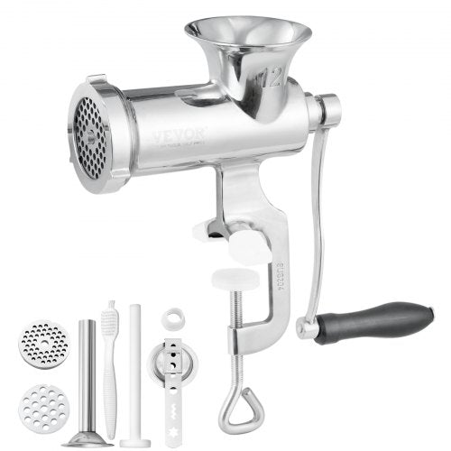 Bostome #12 manual meat grinder with stainless steel body and table clamp for easy grinding.