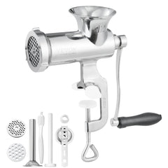 Bostome #12 manual meat grinder with stainless steel construction and table clamp for stability.