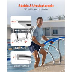 Bostome 304 stainless steel pool handrail set with detachable blue grip cover and sturdy base.