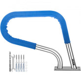 A stainless steel pool handrail with a blue padded grip and installation hardware.