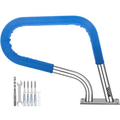 A stainless steel pool handrail with a blue padded grip and installation hardware.