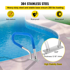 A stainless steel pool handrail with a blue padded grip is shown installed at the edge of a swimming pool.