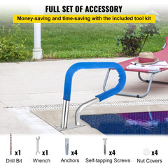 Blue 304 stainless steel pool handrail with full accessory tool kit including drill bit, wrench, anchors, screws, and nut covers.